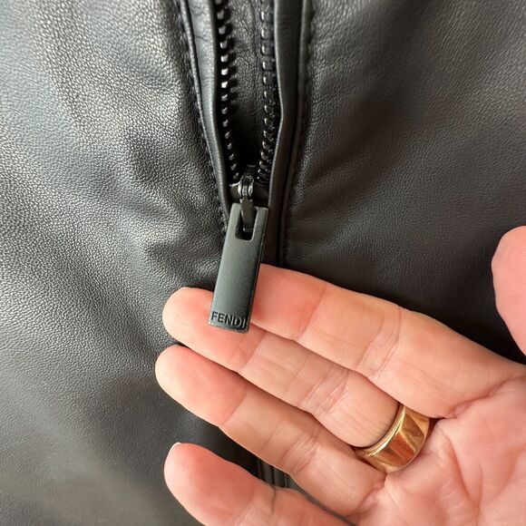 Fendi Black Soft Leather Fendi Embossed Monogram Front Long Sleeve Hooded Jacket - Picture 6 of 16